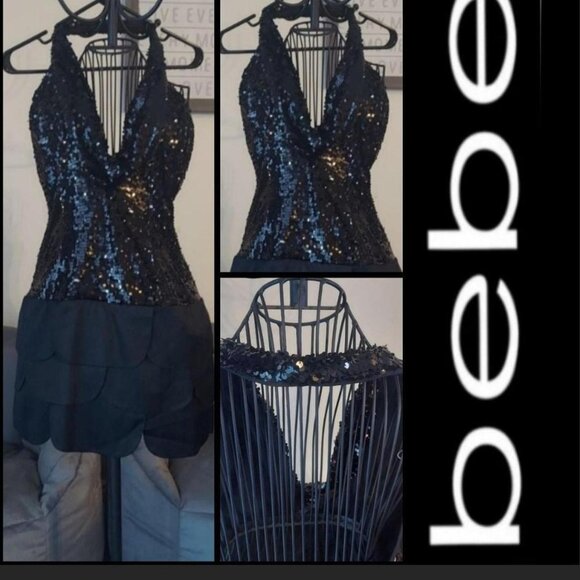 Bebe - halter cowl neck black mini sequin dress w/ black 3 tier silks - medium - Picture 1 of 8